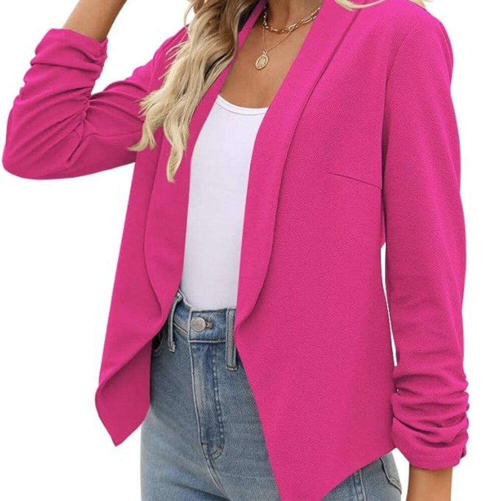 Doublju W 3/4 Sleeve Blazer Open Front Cardigan Jacket Work Office Blazer